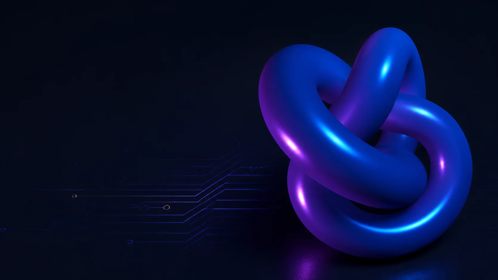 Glossy blue and violet Nebula Studio sculpture connected by subtle circuit traces